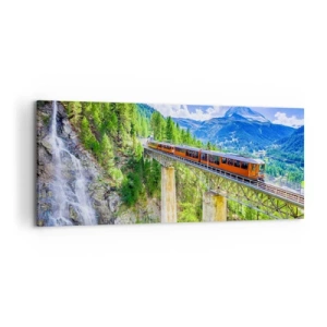 Impression sur toile - Image sur toile - Des montagnes russes sur un pont avec vue sur une cascade et des montagnes - 120x50cm - Train dans les Alpes - Décoration murale moderne pour le salon et la chambre ARTTOR