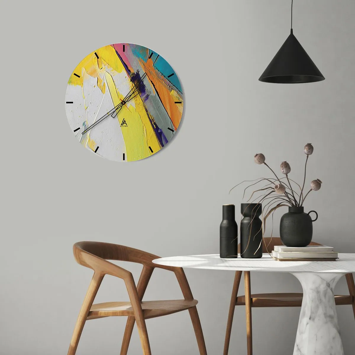 Horloge murale - Pendule murale - Abstraction colorée avec une prédominance de jaune, de blanc et de bleu - 30x30cm - Anatomie du monde - Décoration murale moderne pour le salon, la cuisine et la chambre ARTTOR