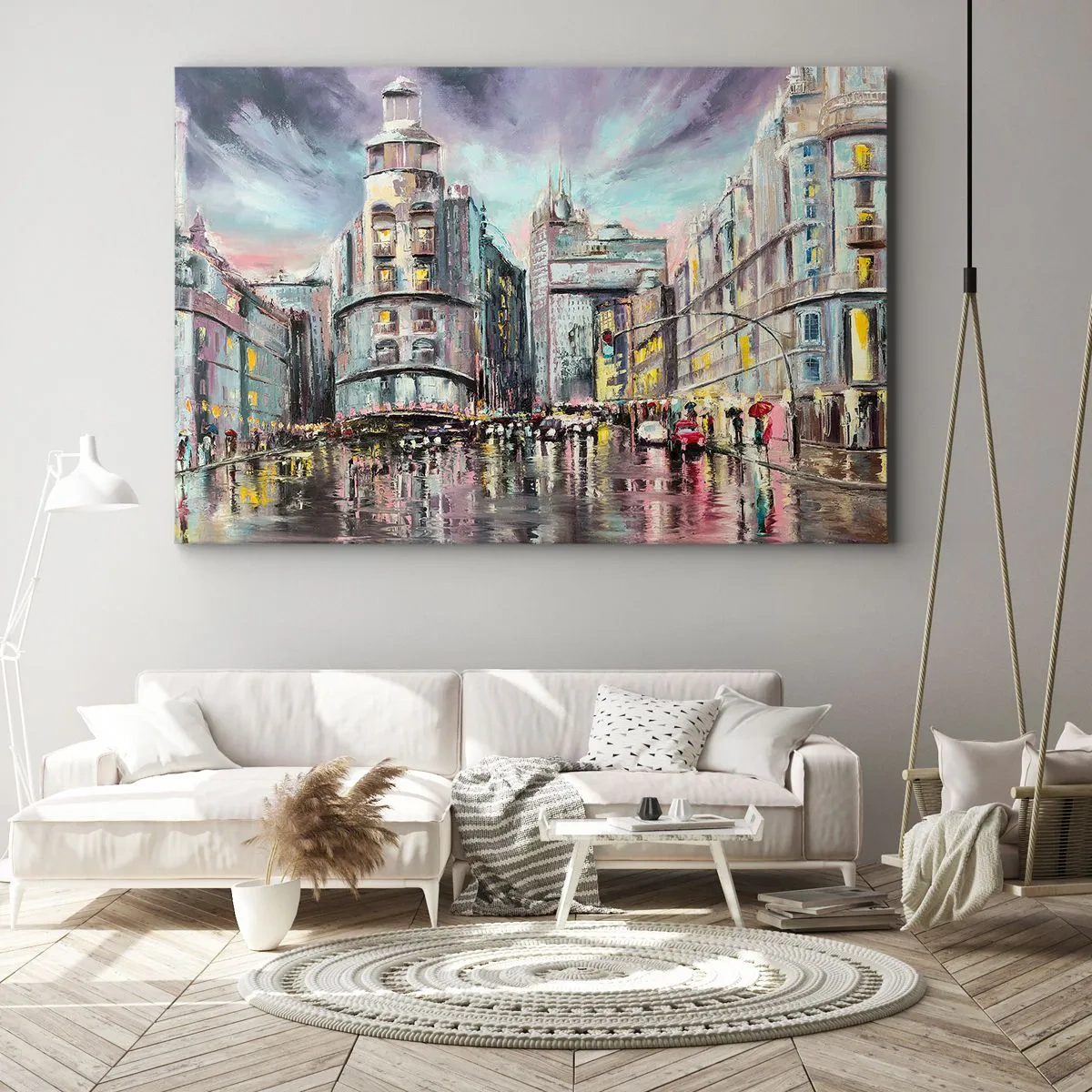 Impression sur toile - Image sur toile - Vue nocturne de la ville avec des reflets sur la rue mouillée - 100x70cm - Ce sera une soirée réussie - Décoration murale moderne pour le salon et la chambre ARTTOR