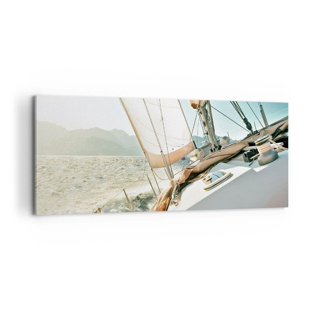 Impression sur toile - Image sur toile - Un yacht en pleine mer avec vue sur les montagnes - 120x50cm - Toutes voiles dehors - Décoration murale moderne pour le salon et la chambre ARTTOR