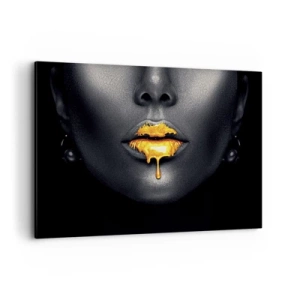 Impression sur toile - Image sur toile - Portrait noir et or d'une femme avec une goutte d'or sur les lèvres - 100x70cm - Bouche d'or - Décoration murale moderne pour le salon et la chambre ARTTOR