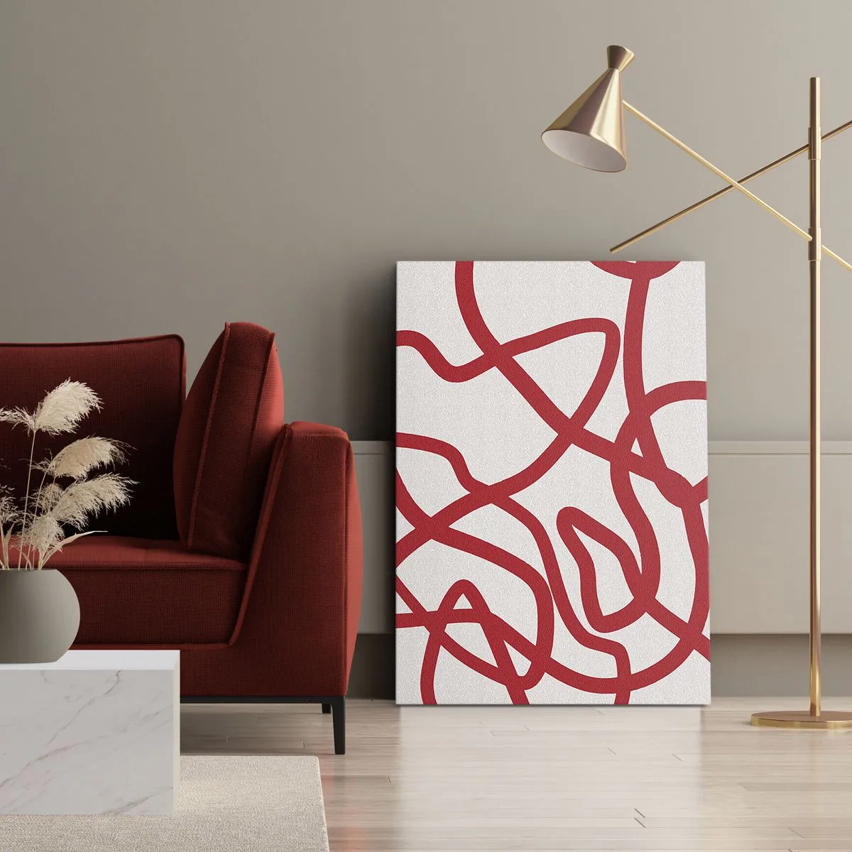 Impression sur toile - Image sur toile - Lignes abstraites rouges sur fond blanc - 80x120cm - Rouge sur blanc - Décoration murale moderne pour le salon et la chambre ARTTOR