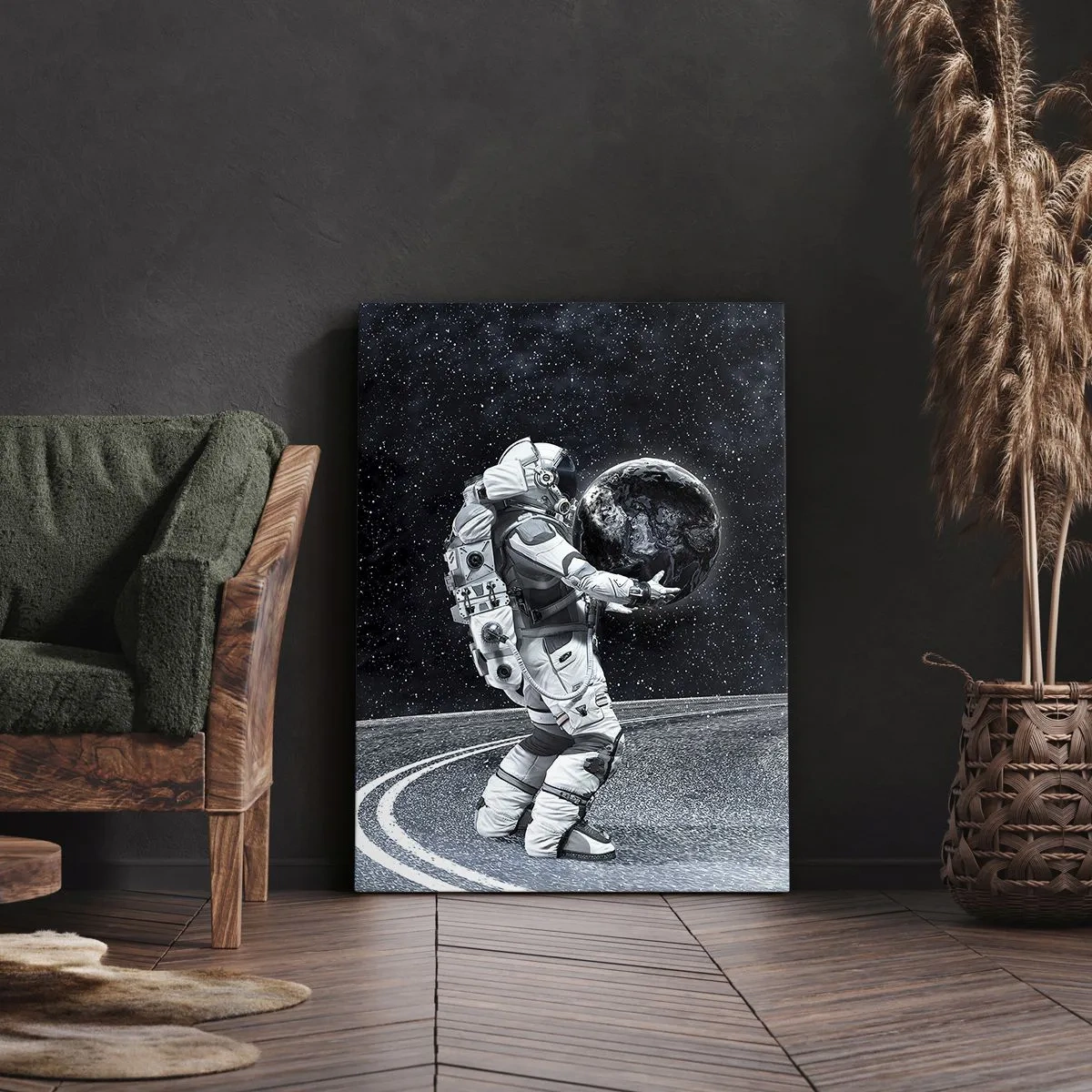 Impression sur toile - Image sur toile - Astronaute avec la Terre contre le ciel étoilé - 80x120cm - Sur la Voie Lactée - Décoration murale moderne pour le salon et la chambre ARTTOR