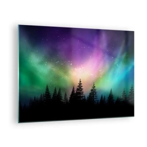 Impression sur verre - Image sur verre - Forêt la nuit sous les aurores boréales colorées - 70x50cm - Magie blanche - Décoration murale moderne pour le salon et la chambre ARTTOR