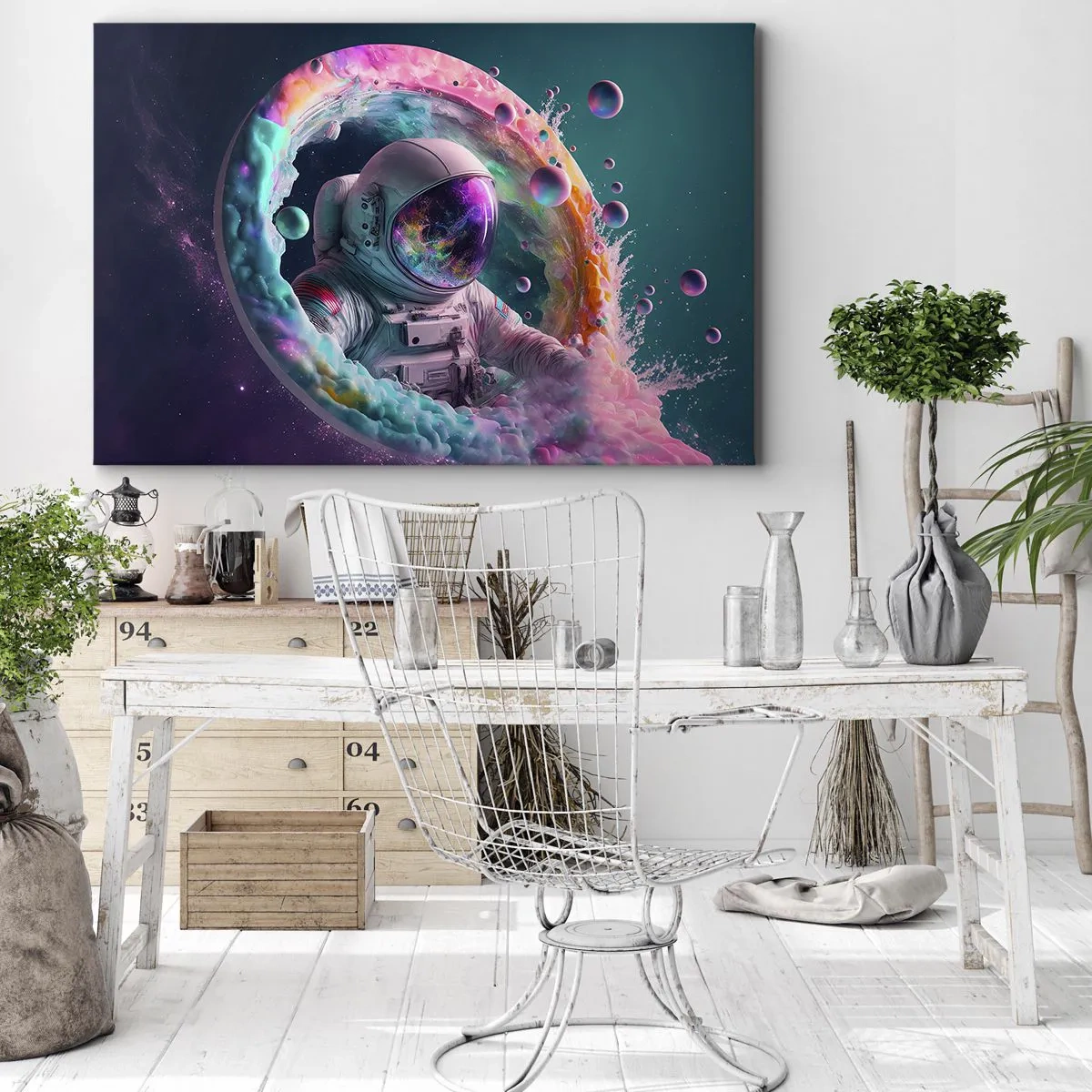 Impression sur toile - Image sur toile - Astronaute dans une aura cosmique colorée - 70x50cm - porte des étoiles - Décoration murale moderne pour le salon et la chambre ARTTOR