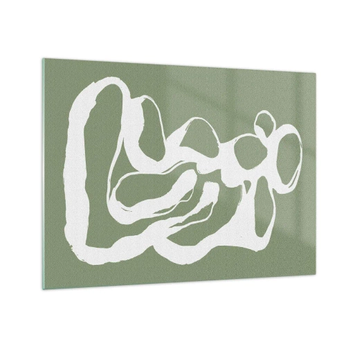 Impression sur verre - Image sur verre - Forme organique blanche abstraite sur fond olive - 70x50cm - L'appel de l'espace - Décoration murale moderne pour le salon et la chambre ARTTOR