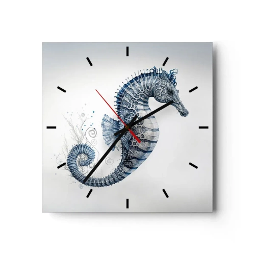 Horloge murale - Pendule murale - Hippocampe dans des tons de bleu avec des détails à l'aquarelle - 30x30cm - Une subtile plaisanterie de la nature - Décoration murale moderne pour le salon et la chambre ARTTOR
