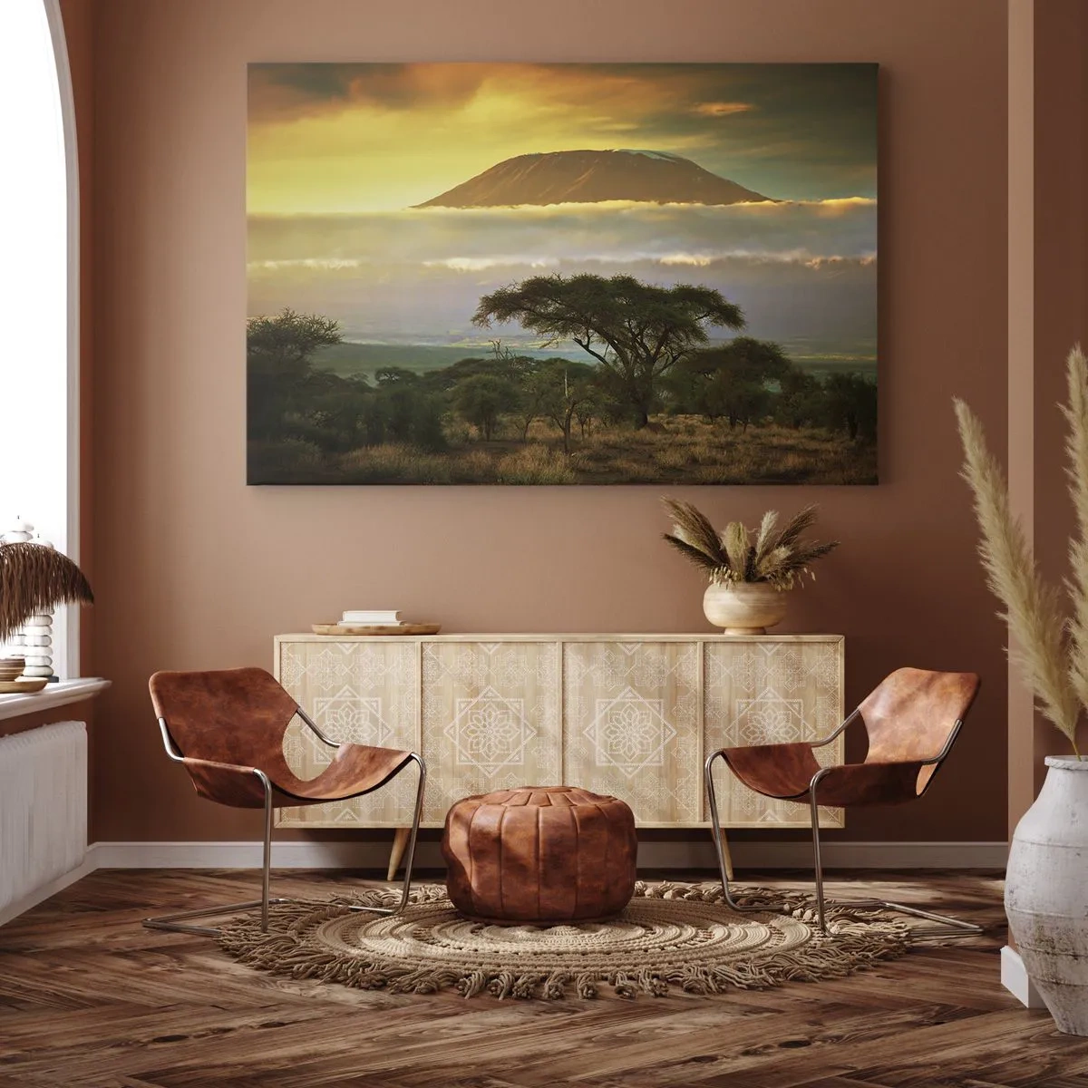 Impression sur toile - Image sur toile - Paysage africain avec le Kilimandjaro au lever du soleil - 100x70cm - Un rêve de voyageur - Décoration murale moderne pour le salon et la chambre ARTTOR