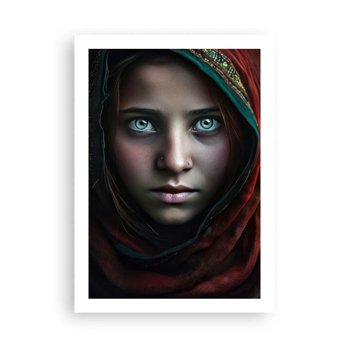 Affiche - Poster - Portrait d'une fille dans un châle rouge avec des yeux hypnotisants - 50x70cm - Princesse orientale - Décoration murale moderne pour le salon et la chambre ARTTOR