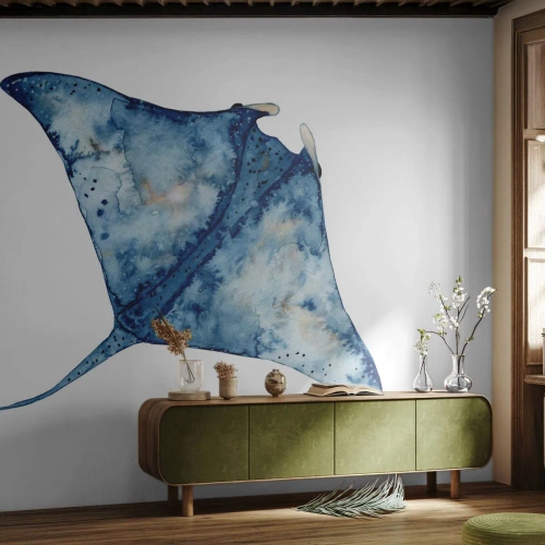 Papier Peint Photo Premium Sand - Raie bleue à l'aquarelle sur fond blanc - 100x70cm - La vie en bleu - Décoration murale moderne pour le salon et la chambre ARTTOR