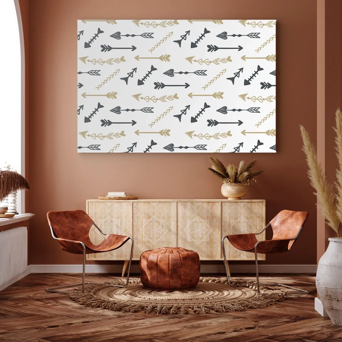 Impression sur toile - Image sur toile - Un motif minimaliste avec des flèches aux couleurs beige et grise. - 100x70cm - Le rêve de l'archer - Décoration murale moderne pour le salon et la chambre ARTTOR