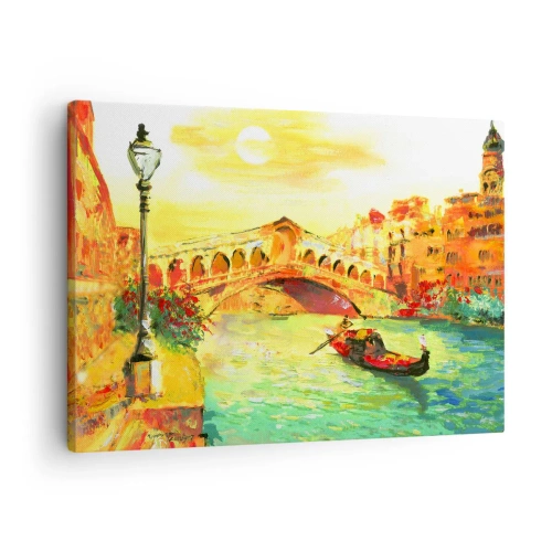 Impression sur toile - Image sur toile - Un pont pittoresque sur le canal avec une gondole à la lumière du soleil couchant - 70x50cm - Un pèlerinage d'amoureux - Décoration murale moderne pour le salon et la chambre ARTTOR