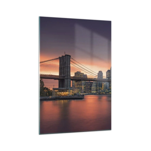 Impression sur verre - Image sur verre - Panorama nocturne de la ville avec un pont et un ciel illuminé - 70x100cm - Immergé dans le silence lilas - Décoration murale moderne pour le salon et la chambre ARTTOR