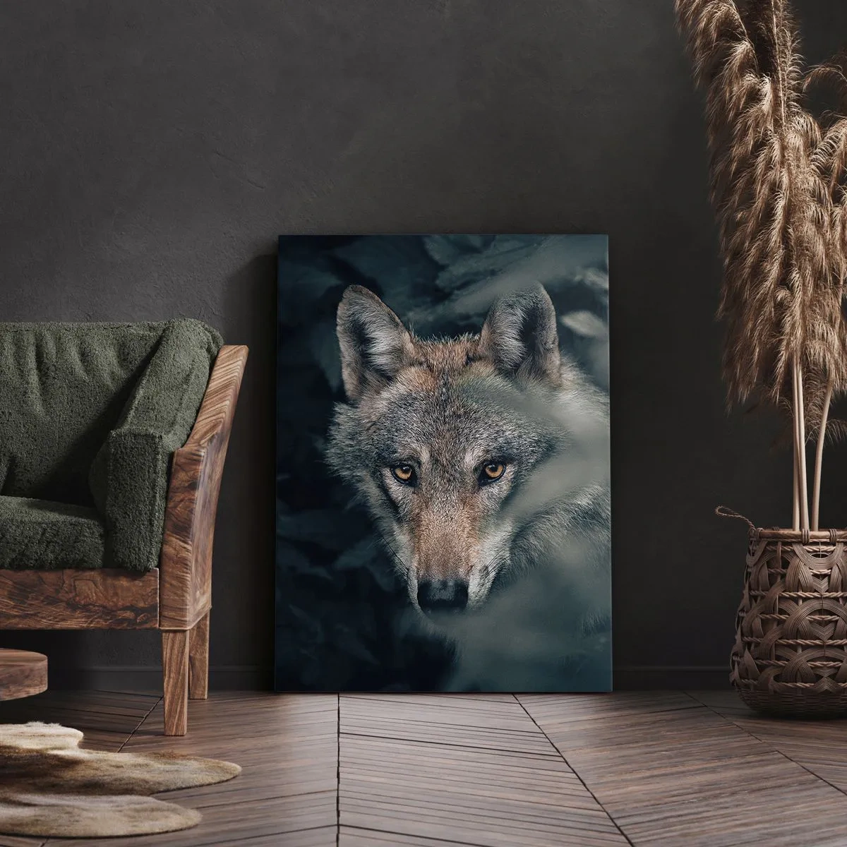 Impression sur toile - Image sur toile - Un loup dans son environnement naturel, regardant depuis les profondeurs de la forêt. - 80x120cm - Chasseur - Décoration murale moderne pour le salon et la chambre ARTTOR