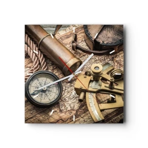 Horloge murale - Pendule murale - Une boussole, un sextant et un télescope sur fond de vieille carte et de corde nautique. - 30x30cm - Fixer un cap - Décoration murale moderne pour le salon et la chambre ARTTOR
