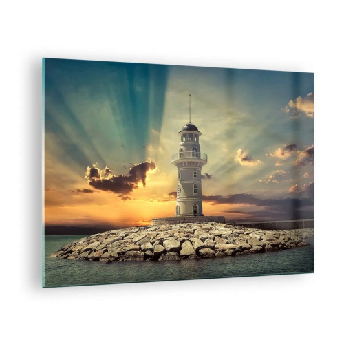 Impression sur verre - Image sur verre - Un phare sur fond de soleil couchant - 70x50cm - Lumière - Bonté - Beauté - Décoration murale moderne pour le salon et la chambre ARTTOR