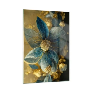 Impression sur verre - Image sur verre - Fleurs bleues et dorées avec une sensation luxueuse - 50x70cm - Fleurir avec de l'or - Décoration murale moderne pour le salon et la chambre ARTTOR