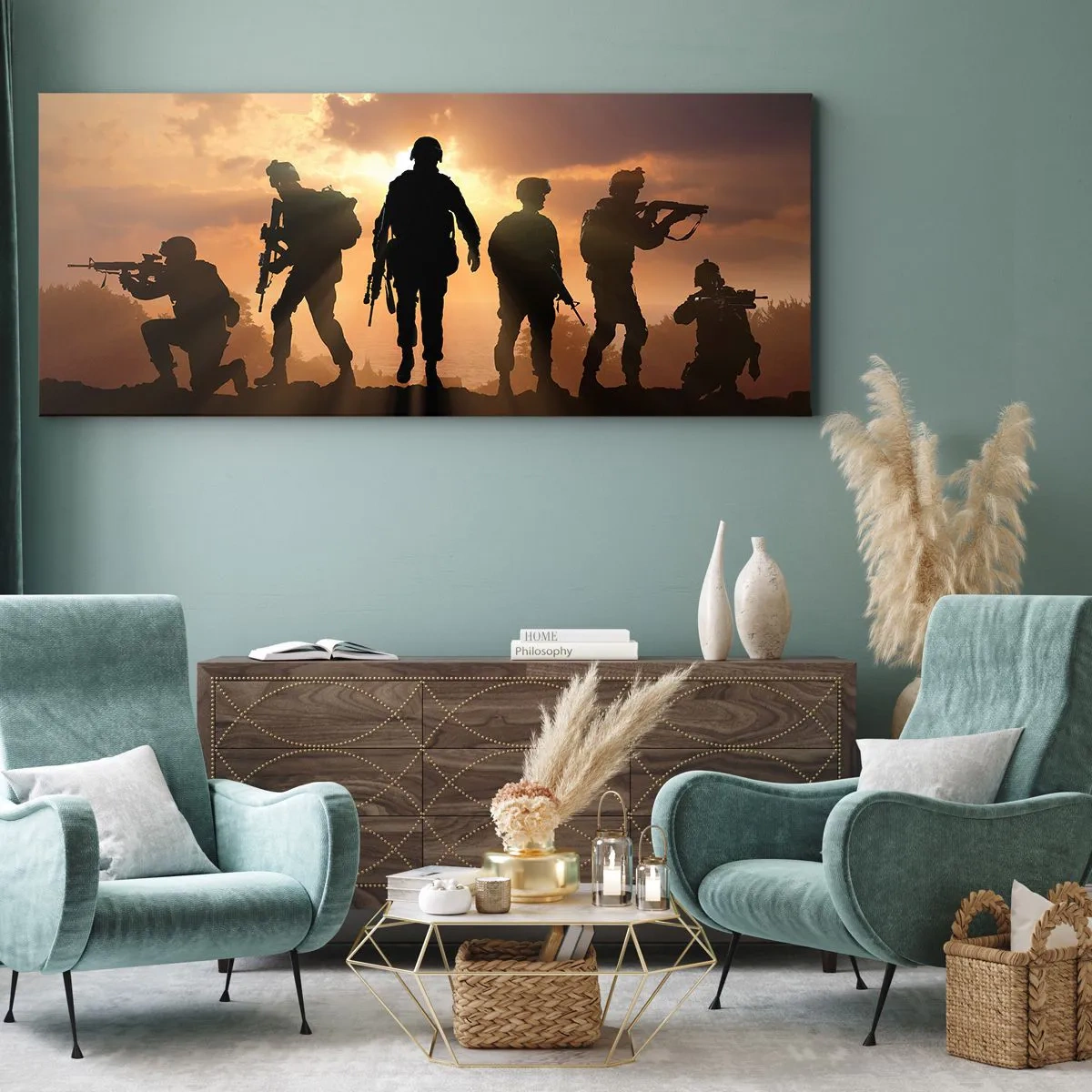 Impression sur toile - Image sur toile - Soldats sur fond de soleil couchant dans un décor dynamique - 120x50cm - Brothers in arms - Décoration murale moderne pour le salon et la chambre ARTTOR