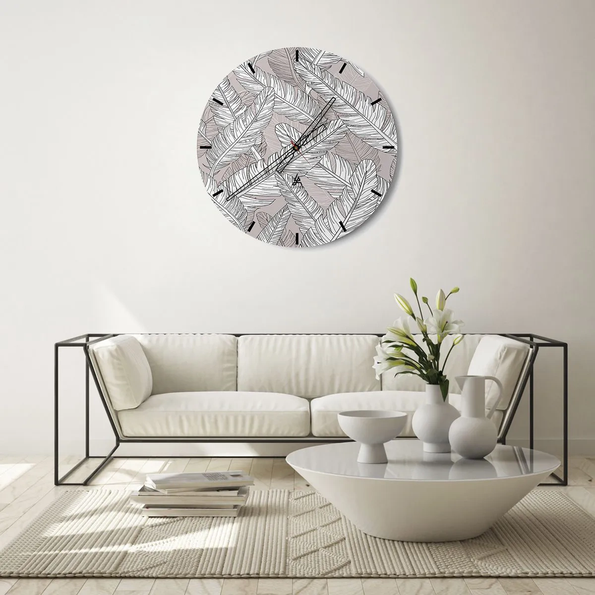Horloge murale - Pendule murale - Feuilles de bananier noires et blanches sur fond clair - 30x30cm - Un tourbillon de plumes - Décoration murale moderne pour le salon, la cuisine et la chambre ARTTOR