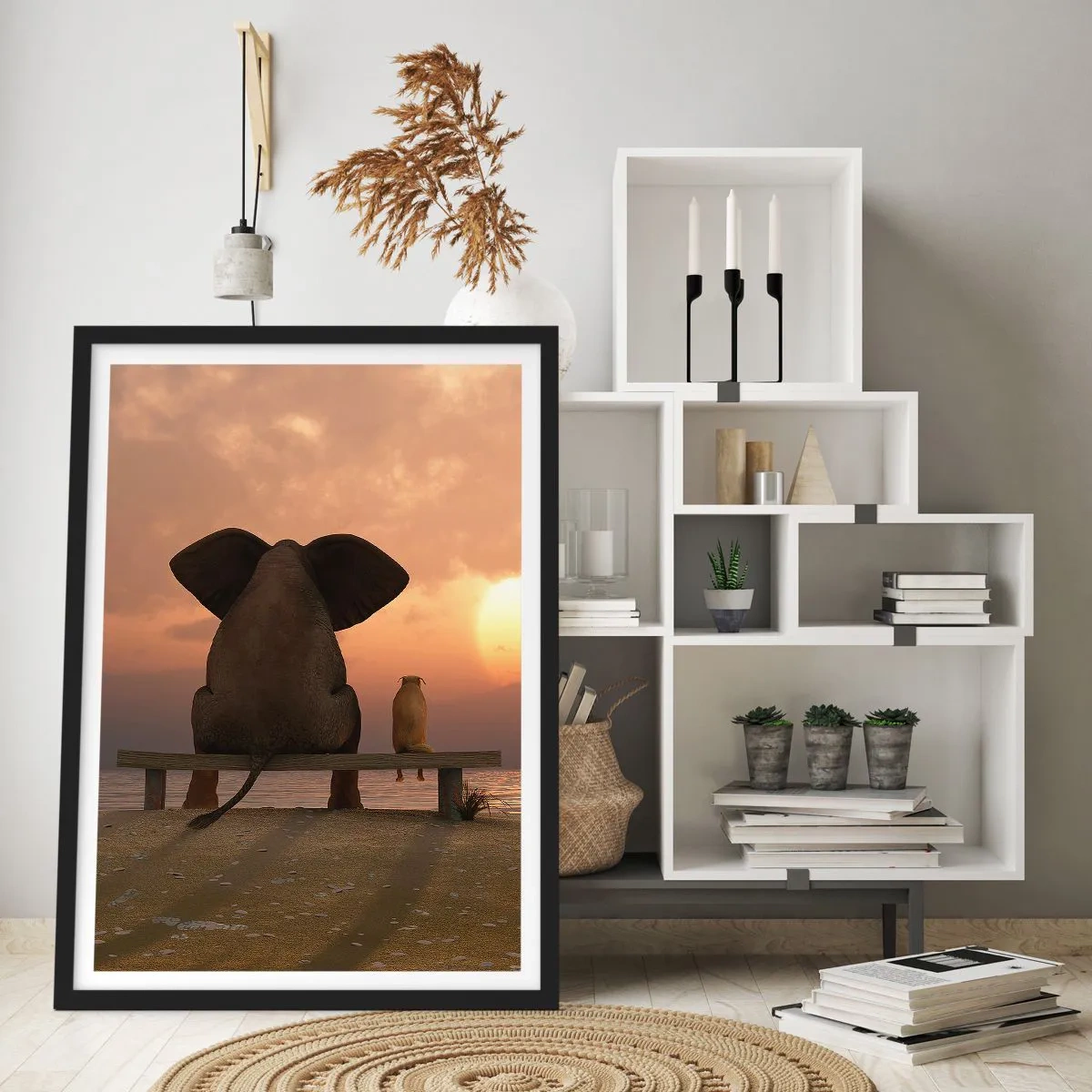 Affiche dans un cadre noir - Poster - Éléphant et chien sur un banc au soleil couchant - 50x70cm - C'est bon de garder le silence ensemble - Décoration murale moderne pour le salon et la chambre ARTTOR