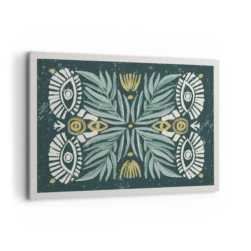 Impression sur toile - Image sur toile - Motif végétal symétrique sur fond vert - 100x70cm - Comme une découpe folklorique - Décoration murale moderne pour le salon et la chambre ARTTOR