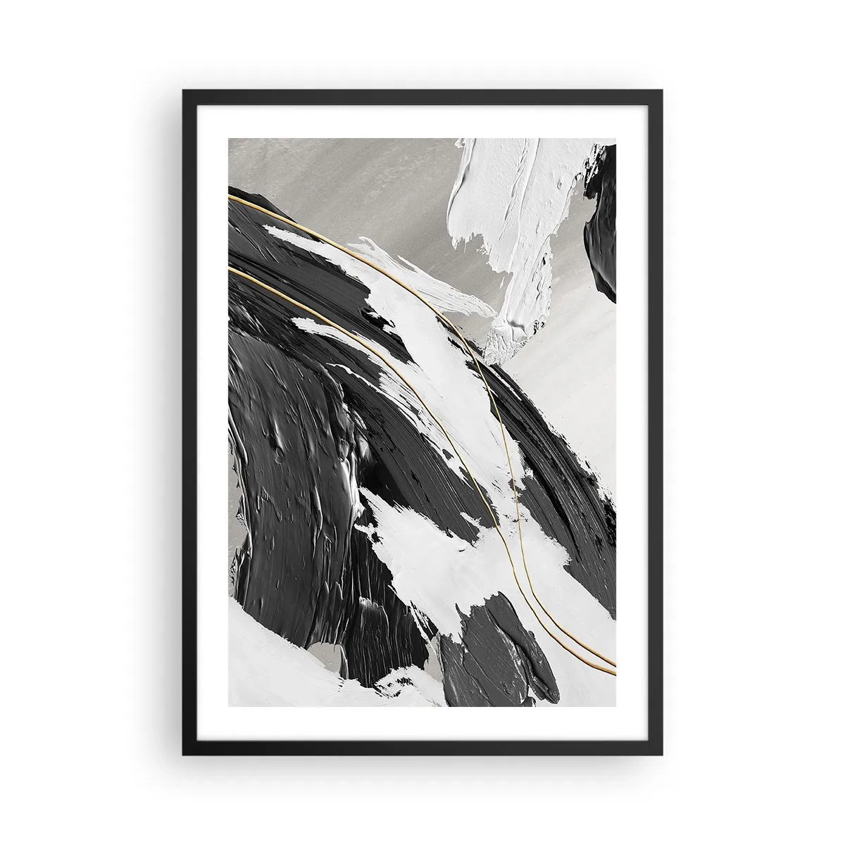 Affiche dans un cadre noir - Poster - Coups de pinceau abstraits en noir, blanc et or - 50x70cm - L'abstraction à grande échelle - Décoration murale moderne pour le salon et la chambre ARTTOR