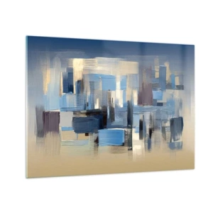 Impression sur verre - Image sur verre - Coups de pinceau géométriques dans les tons de bleu et de beige - 70x50cm - Construction bleue - Décoration murale moderne pour le salon et la chambre ARTTOR