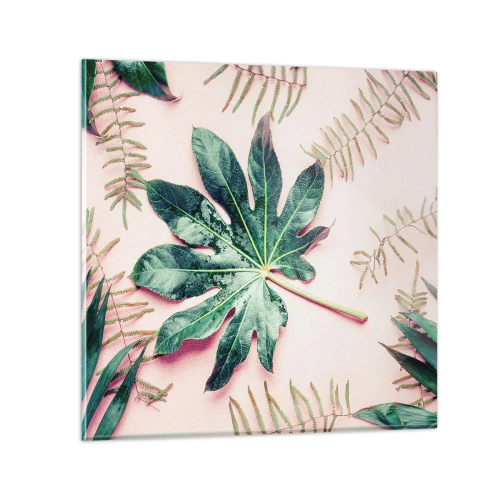 Impression sur verre - Image sur verre - Étude de verdure sur fond rose - 50x50 cm