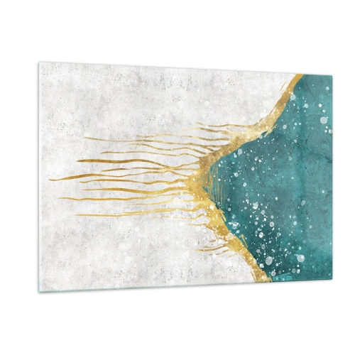 Impression sur verre - Image sur verre - Motif abstrait doré sur fond turquoise et blanc - 120x80cm - Marée dorée - Décoration murale moderne pour le salon et la chambre ARTTOR