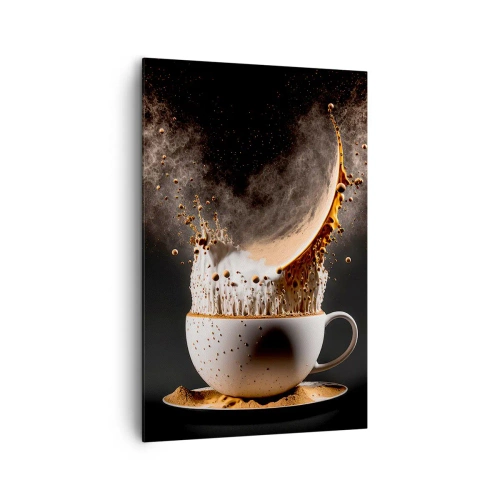 Impression sur toile - Image sur toile - Une tasse de café avec une explosion dynamique de liquide sur fond noir. - 80x120cm - Une explosion de saveur - Décoration murale moderne pour le salon et la chambre ARTTOR