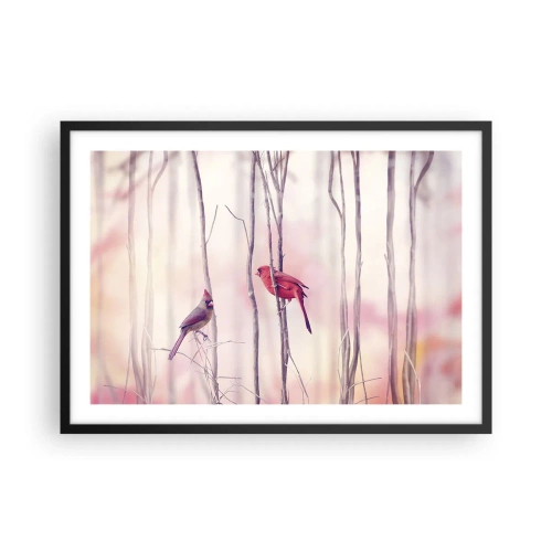Affiche dans un cadre noir - Poster - Un couple de cardinaux perchés sur des branches dans un paysage pastel - 70x50cm - Conte de la forêt rose - Décoration murale moderne pour le salon et la chambre ARTTOR
