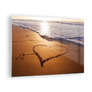 Impression sur verre - Image sur verre - Un cœur dessiné dans le sable illuminé par les rayons du soleil - 70x50cm - Confession de vacances - Décoration murale moderne pour le salon et la chambre ARTTOR