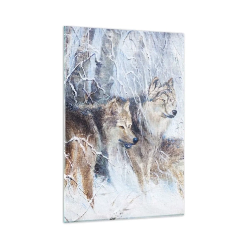 Impression sur verre - Image sur verre - Loups dans une forêt hivernale sur fond de neige - 80x120cm - Attention! Ca arrive ... - Décoration murale moderne pour le salon et la chambre ARTTOR
