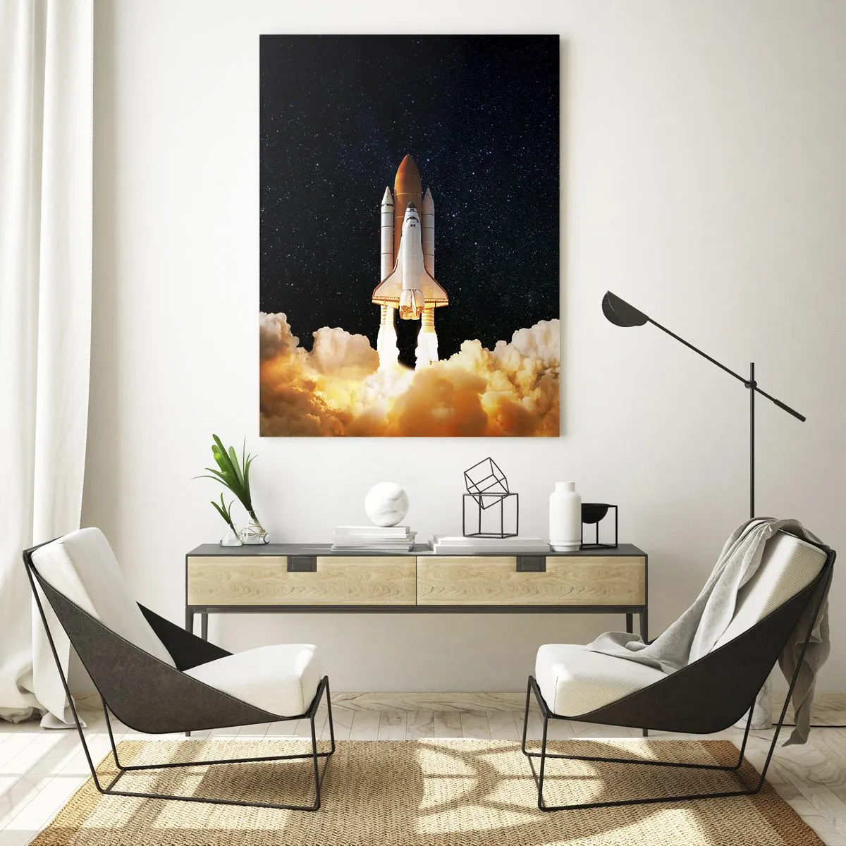 Impression sur verre - Image sur verre - Une fusée spatiale décollant dans le ciel étoilé - 70x100cm - Ad astra! - Décoration murale moderne pour le salon et la chambre ARTTOR