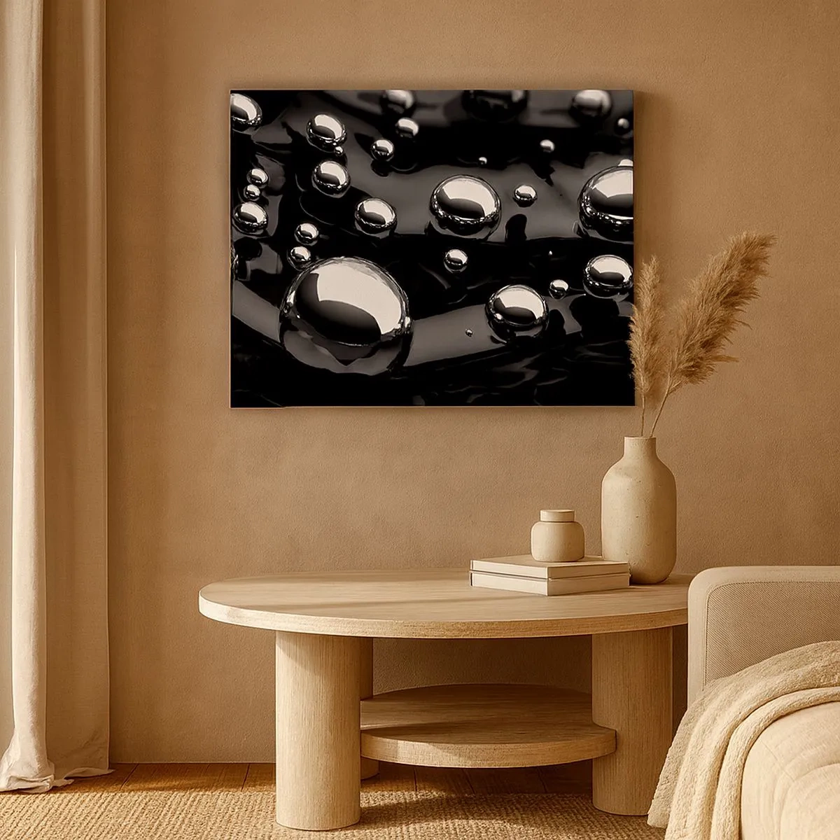 Impression sur toile - Image sur toile - Gouttes abstraites sur une surface noire - 70x50cm - D'un ton noir - Décoration murale moderne pour le salon et la chambre ARTTOR