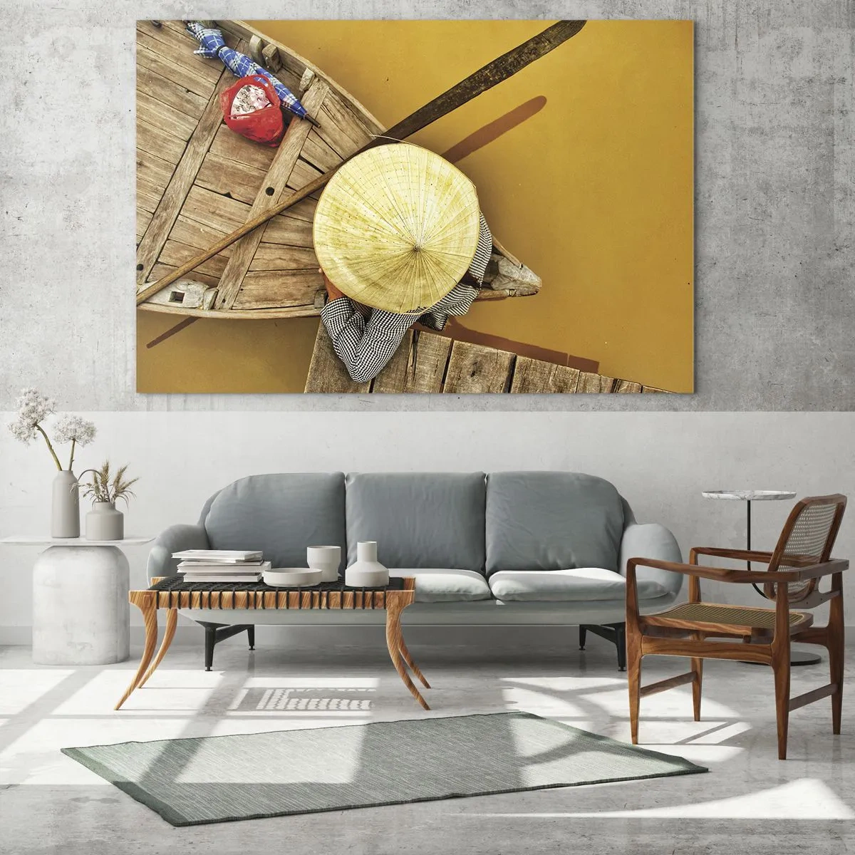 Impression sur verre - Image sur verre - Vue de dessus d'un bateau et d'une personne portant un chapeau conique - 70x50cm - La vie sur le fleuve Jaune - Décoration murale moderne pour le salon et la chambre ARTTOR