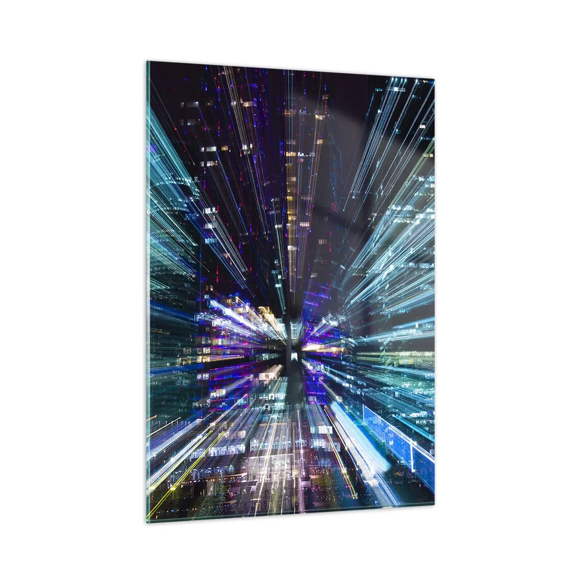 Impression sur verre - Image sur verre - Lignes lumineuses dynamiques sur fond de ville nocturne - 50x70cm - Transition vers l'hyperespace - Décoration murale moderne pour le salon et la chambre ARTTOR
