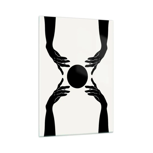 Impression sur verre - Image sur verre - Mains noires dans une composition symétrique avec une boule - 70x100cm - Signe secret - Décoration murale moderne pour le salon et la chambre ARTTOR