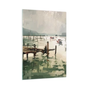 Impression sur verre - Image sur verre - Une jetée en bois et des bateaux sur une eau calme entourée de montagnes - 50x70cm - Trempé dans une lune en fusion - Décoration murale moderne pour le salon et la chambre ARTTOR