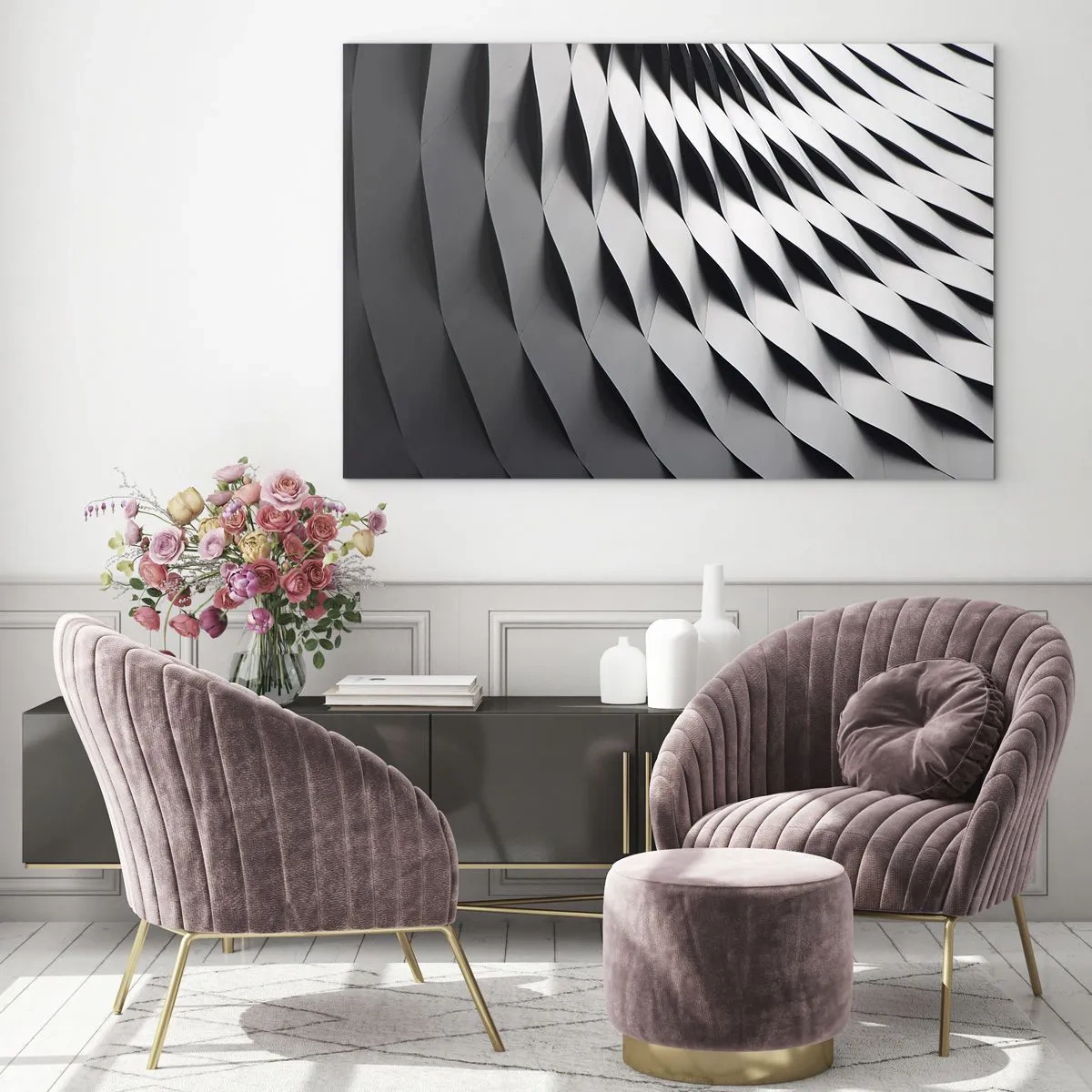 Impression sur verre - Image sur verre - Une structure abstraite en noir et blanc ressemblant à des formes ondulées. - 70x50cm - A la surface des vagues - Décoration murale moderne pour le salon et la chambre ARTTOR