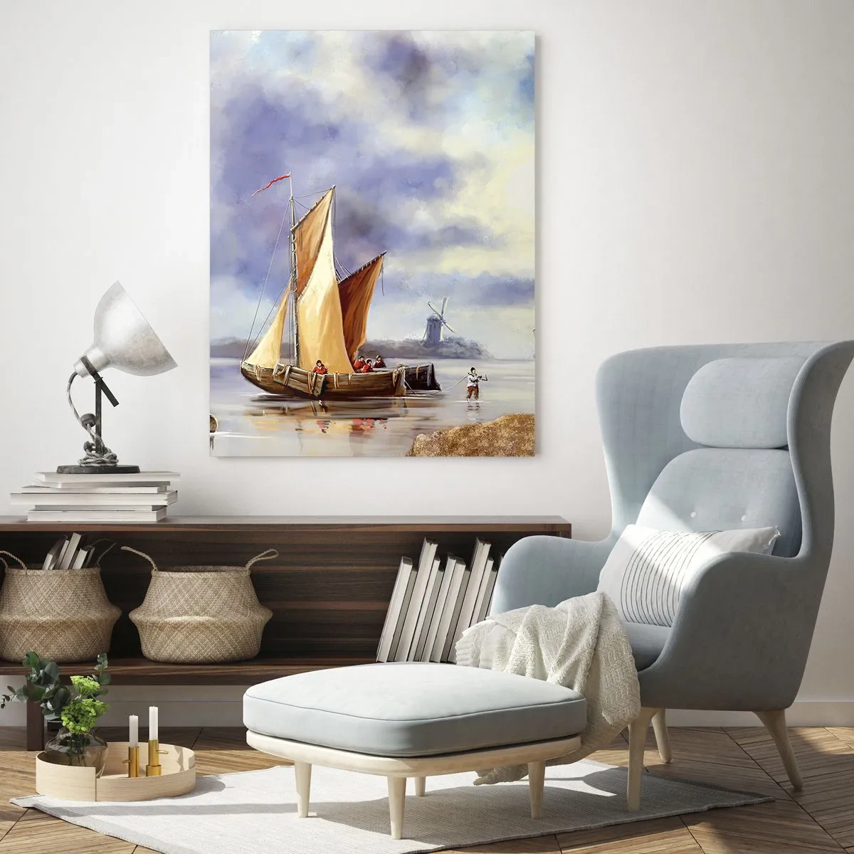 Impression sur verre - Image sur verre - Voiliers sur un lac calme avec des moulins à vent en arrière-plan - 50x70cm - Retour de marin - Décoration murale moderne pour le salon et la chambre ARTTOR