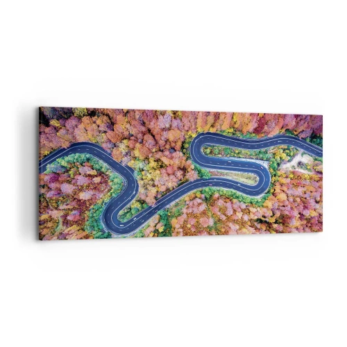 Impression sur toile - Image sur toile - Une route sinueuse dans une forêt d'automne vue à vol d'oiseau - 120x50cm - Route sinueuse à travers la forêt - Décoration murale moderne pour le salon et la chambre ARTTOR
