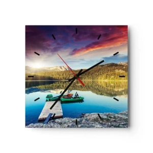 Horloge murale - Pendule murale - Coucher de soleil sur le lac avec des bateaux à l'embarcadère - 30x30cm - Aussi lisse qu'un miroir au-dessus de l'eau - Décoration murale moderne pour le salon et la chambre ARTTOR