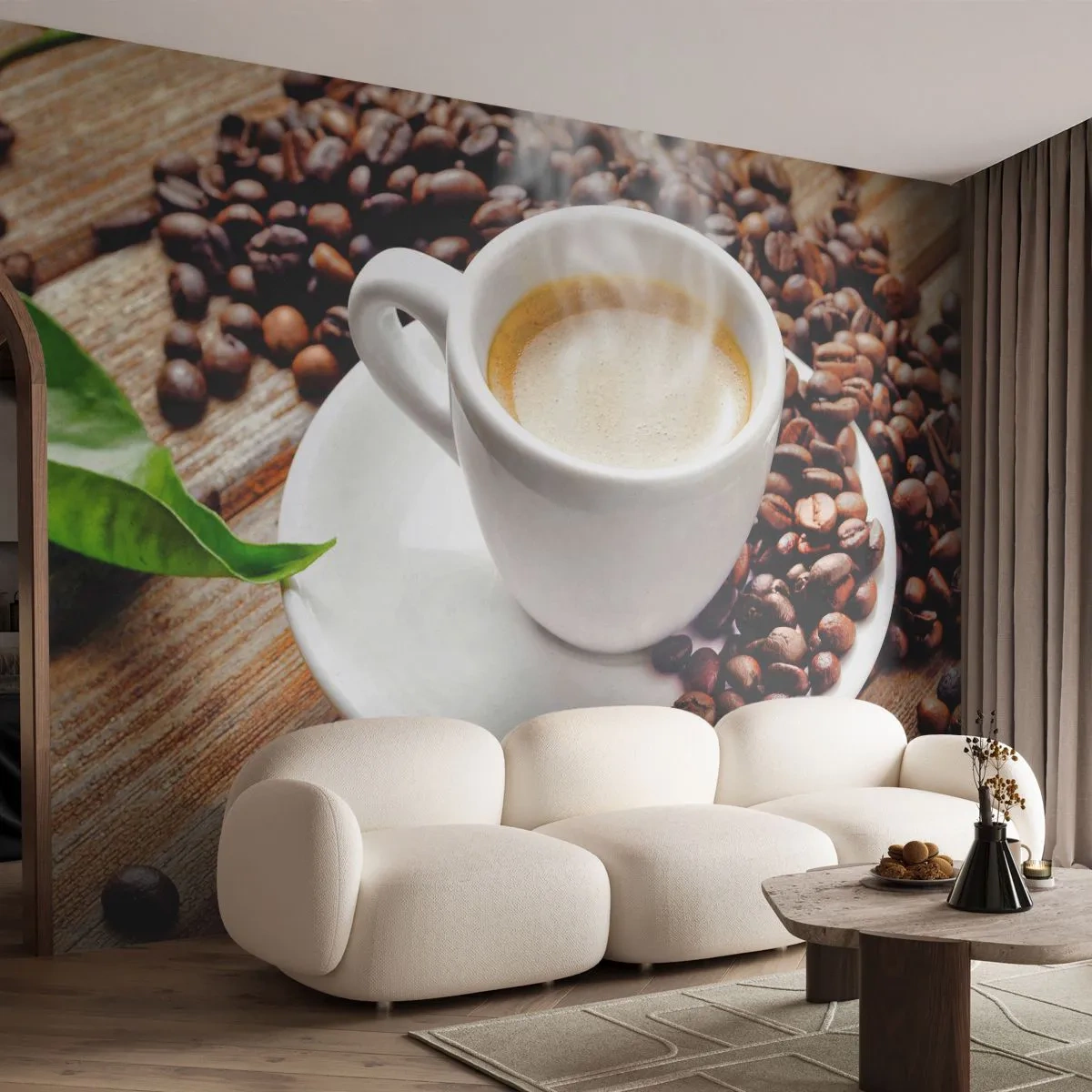 Papier Peint Photo Premium Sand - Café sur un banc - La gastronomie, Café, Tasse - 400x280 cm