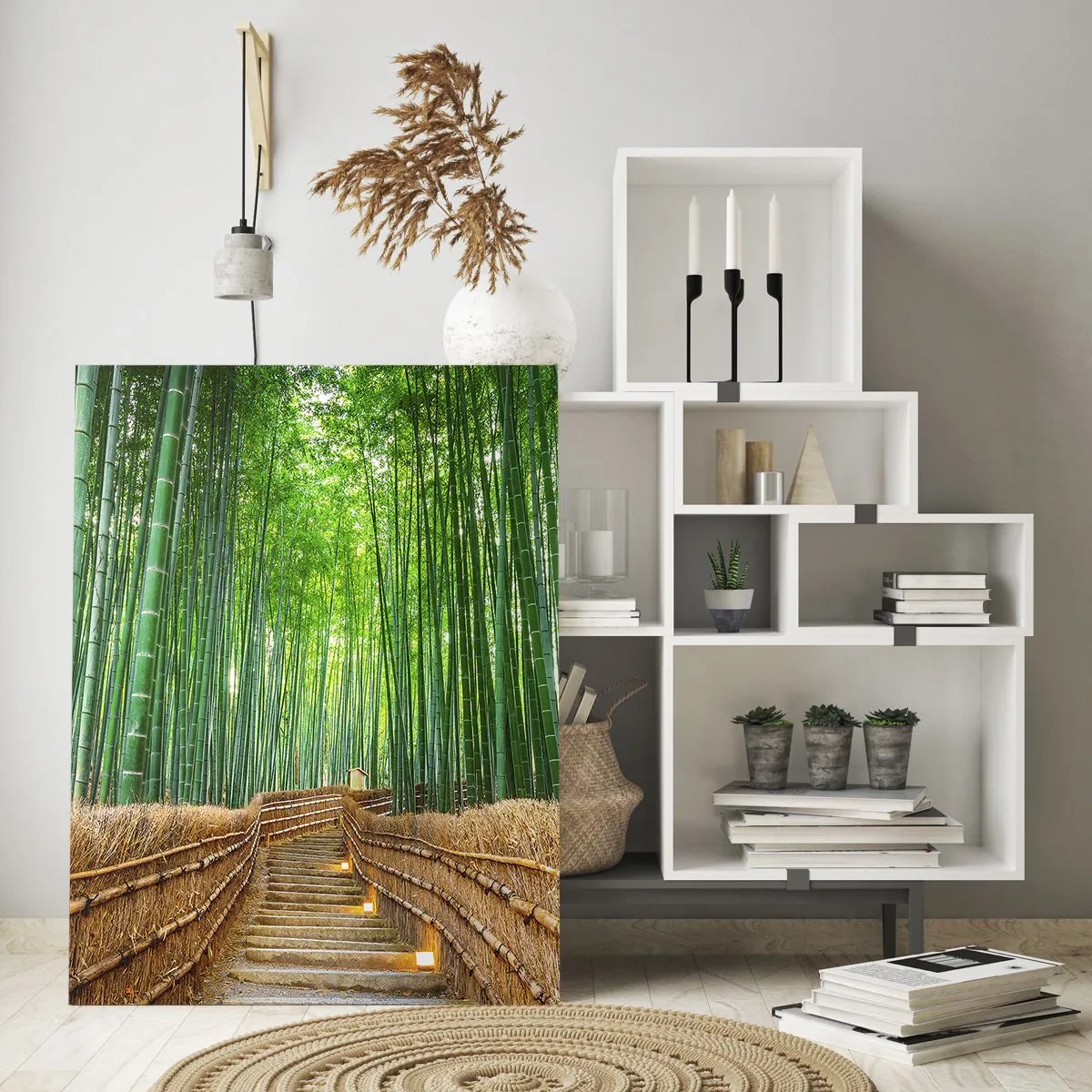 Impression sur verre - Image sur verre - Un chemin dans une dense forêt de bambous - 70x100cm - L'essence de la nature asiatique - Décoration murale moderne pour le salon et la chambre ARTTOR