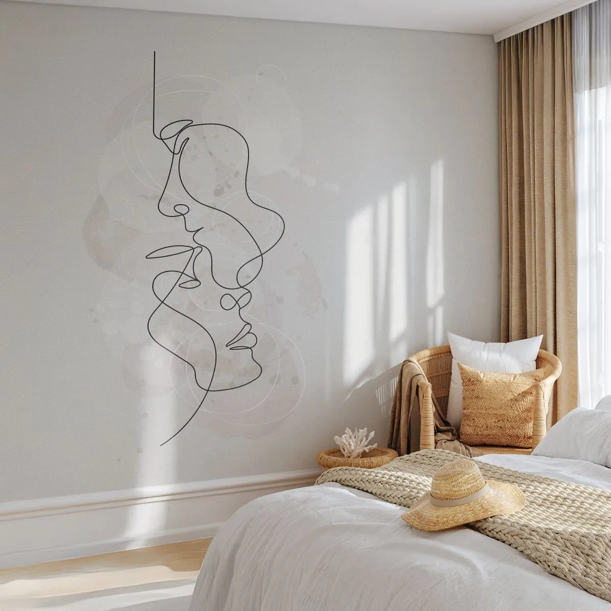 Papier Peint Photo Standard Eco - Ligne de visage minimaliste sur un fond abstrait - 100x70cm - Emmêlé dans une étreinte - Décoration murale moderne pour le salon et la chambre ARTTOR