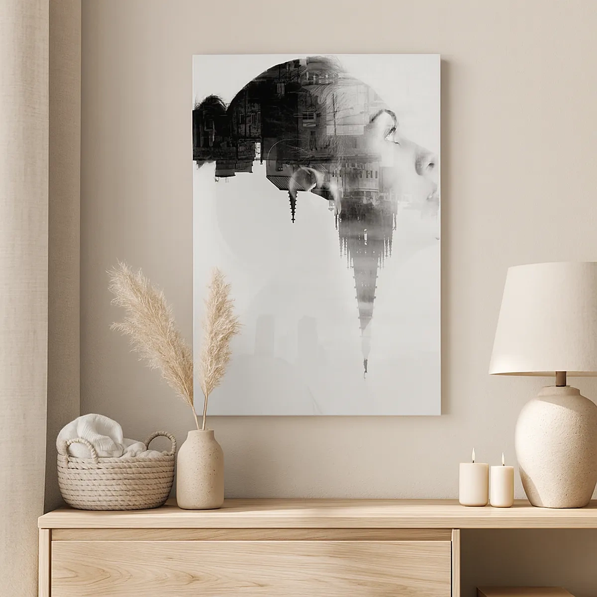 Impression sur toile - Image sur toile - Portrait d'une femme avec le contour d'une ville en arrière-plan, couleurs noir et blanc - 50x70cm - Des deux côtés du verre - Décoration murale moderne pour le salon et la chambre ARTTOR