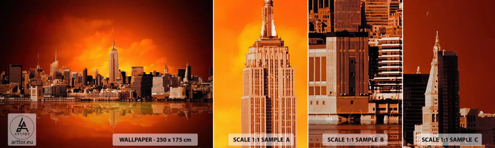 Échantillon de Papier Peint Autocollant Deluxe Sticker - Panorama de grande ville en jaune et bronze - New York, Architecture, Ville - 100x30 cm