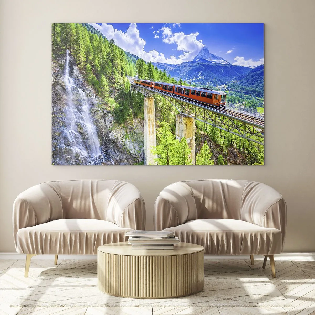 Impression sur verre - Image sur verre - Train alpin sur un pont surplombant une cascade - 70x50cm - Train dans les Alpes - Décoration murale moderne pour le salon et la chambre ARTTOR