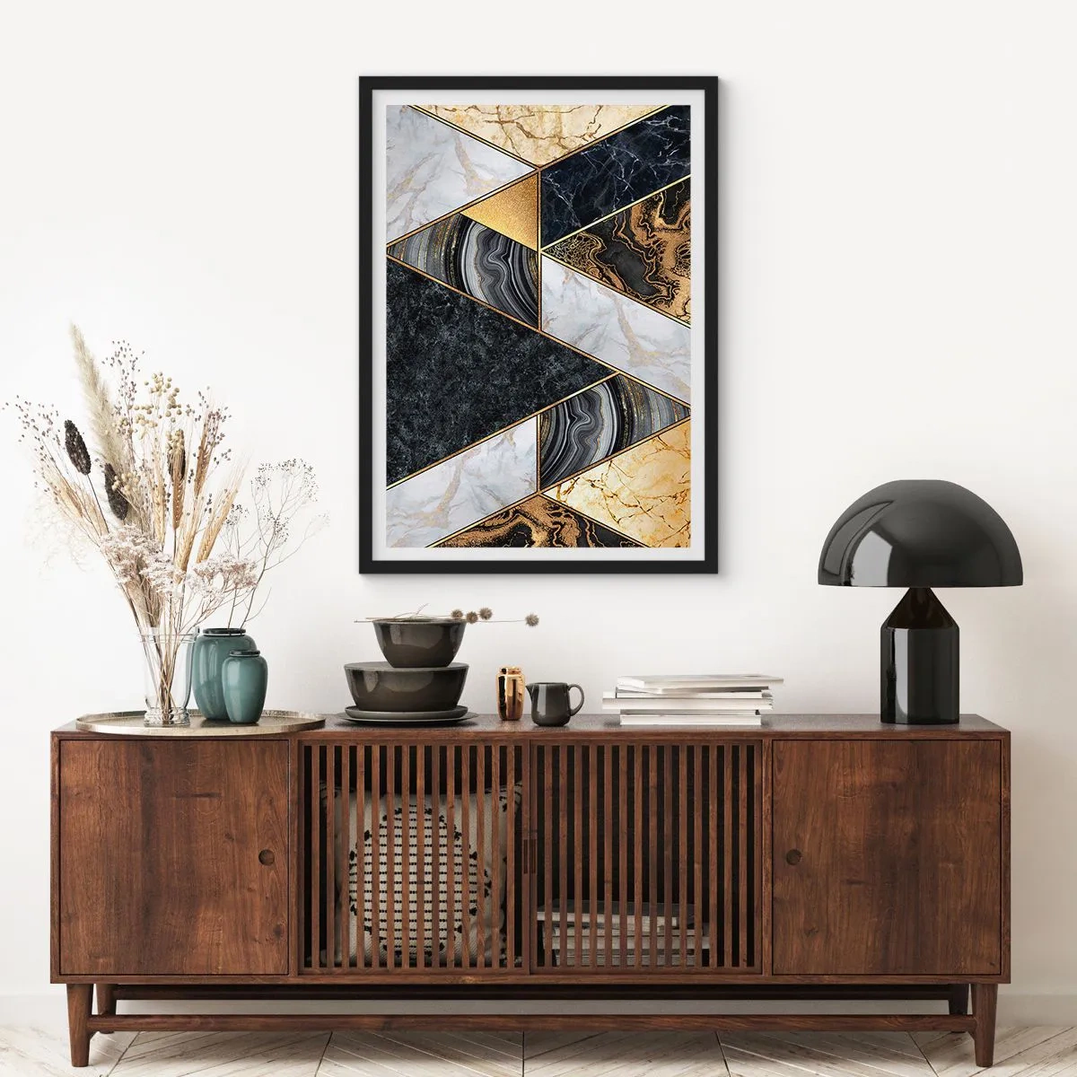 Affiche dans un cadre noir - Poster - Géométrie du marbre dans les tons d'or, de noir et de blanc - 50x70cm - Pierre après pierre - Décoration murale moderne pour le salon et la chambre ARTTOR